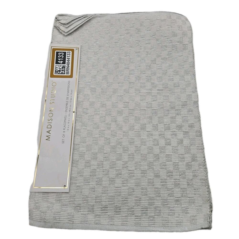 White Silver Checked Woven Placemats Set Of 8 Madison Studio 13x9" NEW Shimmery